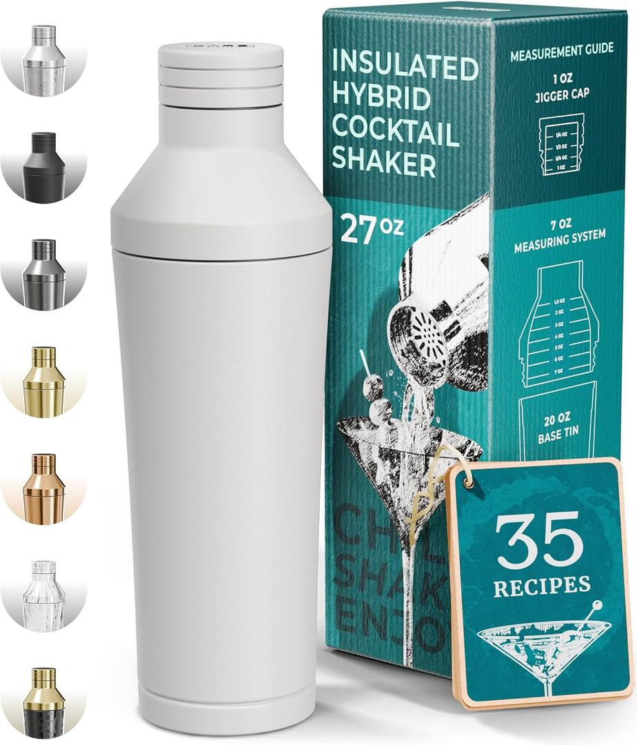 BARE BARREL Insulated Cocktail Shaker Set | Double Wall Stainless Steel | Martini Shaker for Home Bar Bartending | Built-in Drink Measure System & Strainer, Travel Bag, Recipes | Gift Set (Matt White)