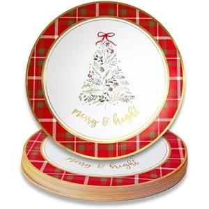 Kate Aspen 13" Disposable Holiday Placemats/Chargers, 48-Pack – Spillproof & Durable Merry & Bright Christmas Tree Design & Festive Red & Green Plaid Border Pack of 2