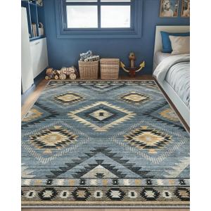 Area Rug 6x9 Rug Machine Washable Rug Non-Slip Low Pile Print Pattern Western Rug for Living Room Bedroom Entryway Tribal Series -Navy/Grey