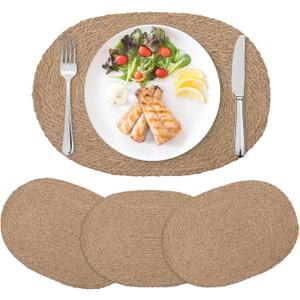 4Pcs Jute Woven Oval Placemats Set, Braided Place Mats, Heat Resistant, Sound Placemats, Boho Vintage Table Mats for Kitchen Dining Table,Outdoor, Home Decorations,Wedding (15.7 x 11.8 in)