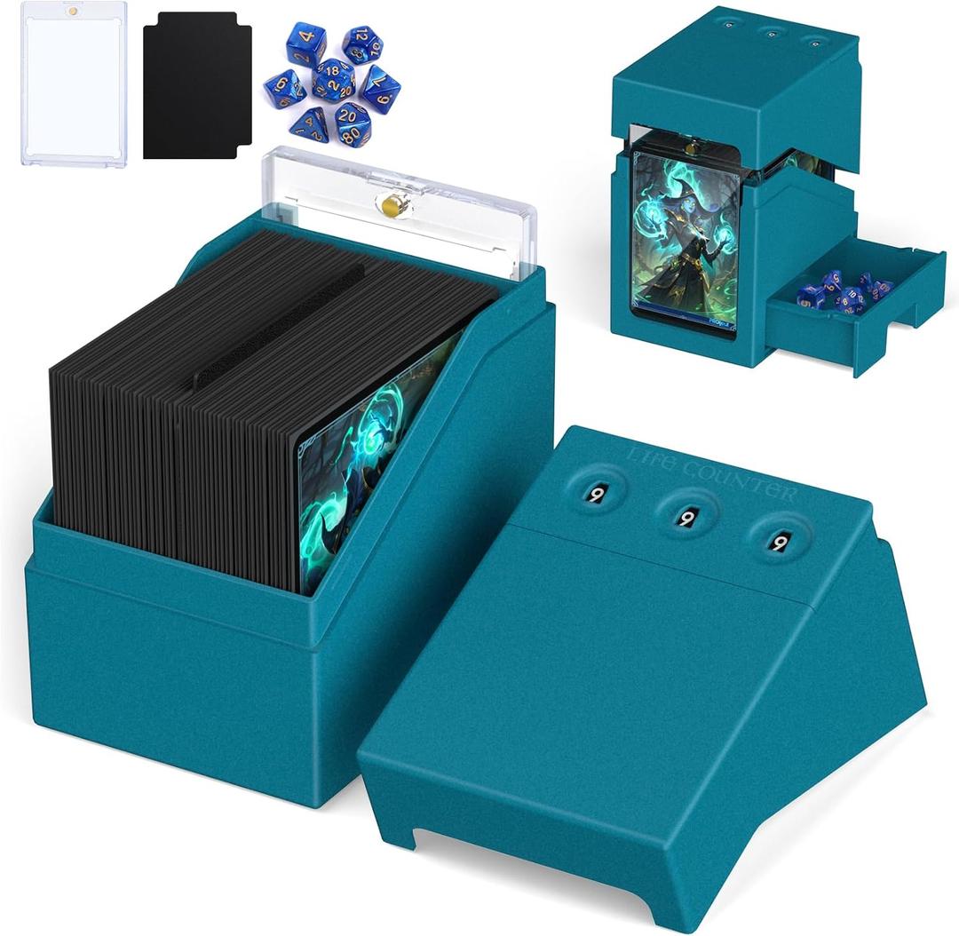 Proijeut Mtg Deck Box with Life Counter, Commander Deck Box Fits 100 Double-Sleeved Cards, Magic Card Storage Box with Commander Display & Dice Tray, Fit for MTG, TCG, CCG (Teal)