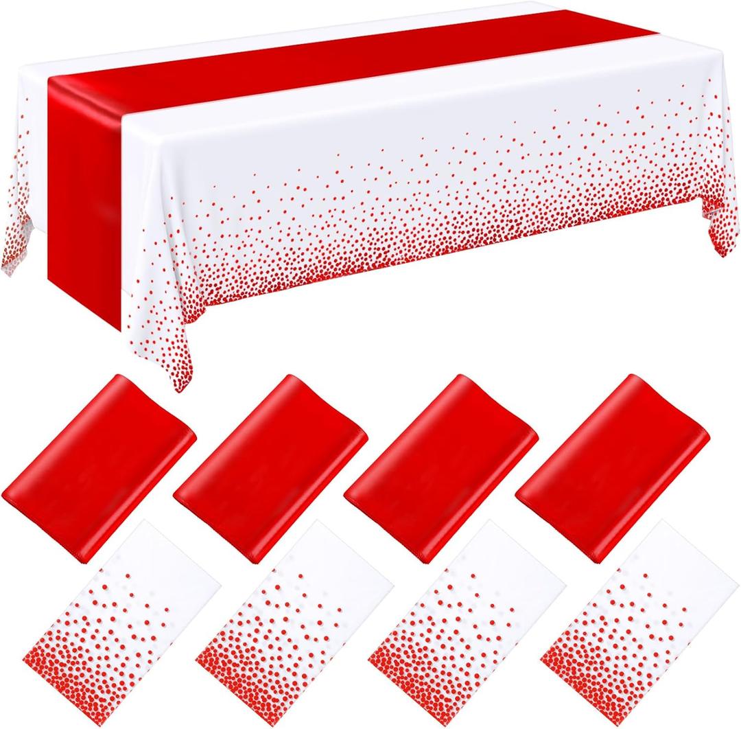 Breling 8 Pack White and Red Disposable Plastic Tablecloths and Satin Table Runner Set, 54 x 108 Inch Tablecloth, 12 x 108 Inch Table Runners for Wedding Graduation Birthday Baby Shower