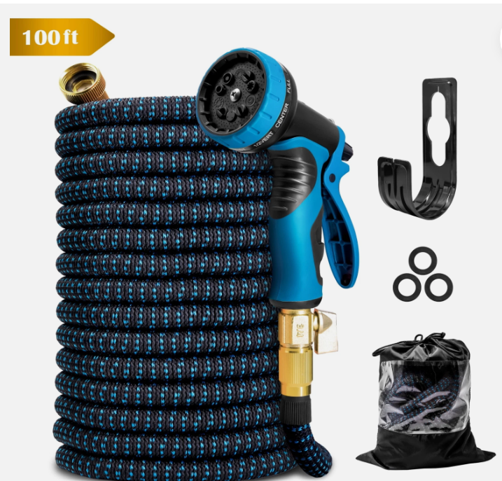 Expandable Garden Hose 100ft - Leak-Proof Water Hose w/ 10 Spray Nozzles, Blue