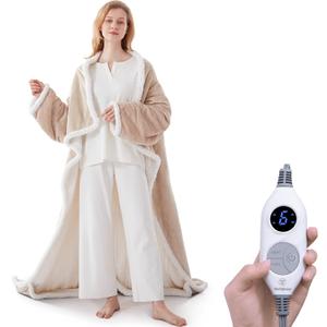 Westinghouse Electric Snuggle Throw Blankets with Foot Pocket, Wearable Heated Throw with Sleeves, 6 Heating Levels & 2 to 10 Hours Heating Time Settings, 50 * 70"+18", Beige