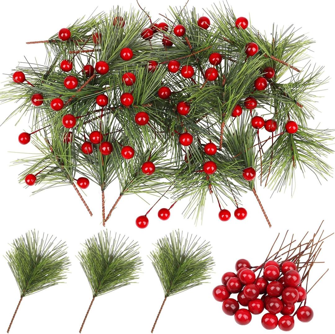 CCINEE 96Pcs Artificial Green Pine Needles Branches Red Berry Picks for Crafts, Greenery Stems Mini Holly Berries Pine Picks Twigs for Christmas Tree Garland Wreath Embellishing Holiday Decorations