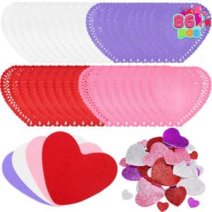 JOYIN 86 Pcs Valentines Day Heart Doilies Craft Gift Set with 50 Pcs Paper Doilies, 12 Foam Craft and 1 Bags of Glitter Foam Heart Stickers for Valentine's Day Party Tableware Decoration