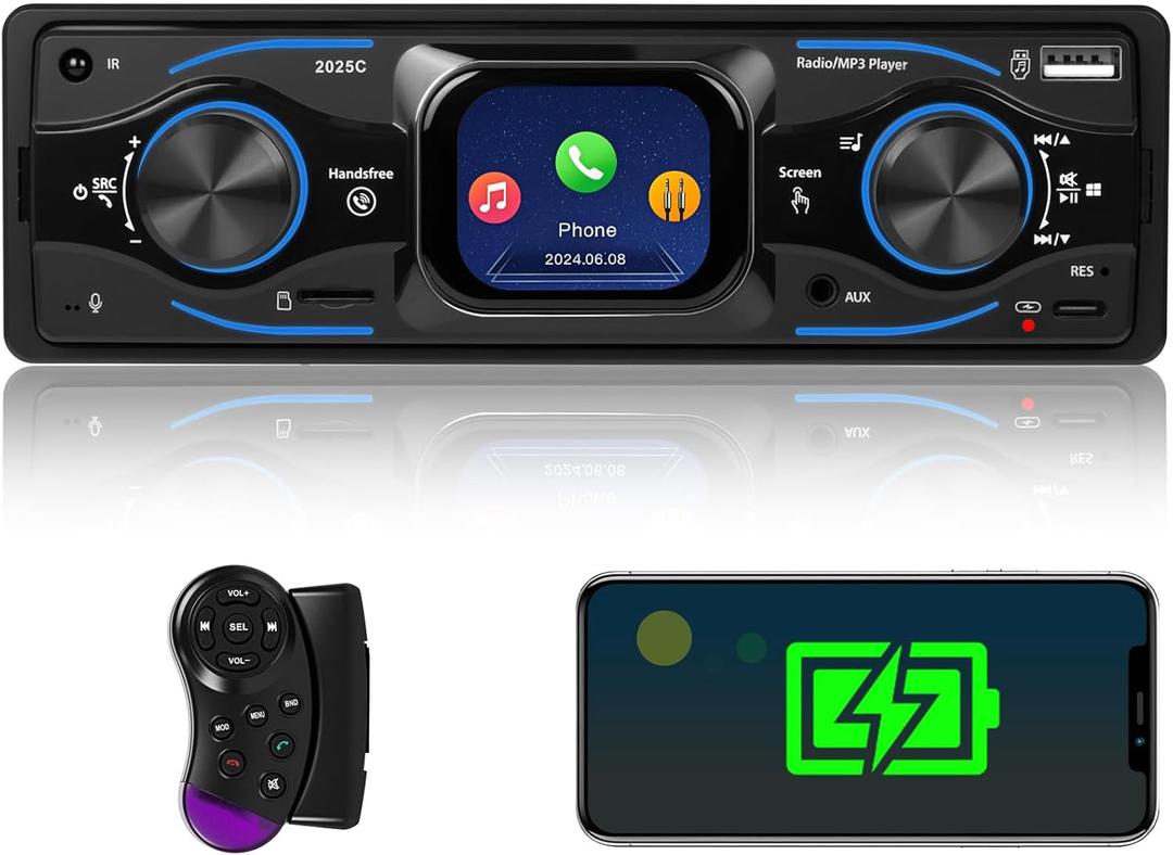 Single Din Car Stereo Marine Radio Bluetooth Multimedia Car Audio Receivers with Digital LCD Display FM Car Radio USB/Type-C/SD/AUX-in MP3 Player Lossless Sound Quality Quick Charge+ SWC