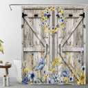 LB Farmhouse Barn Door Shower Curtain for Bathroom,Blue and Yellow Floral Wreath on Rustic Vintage Wood Fabric Shower Curtain with Hooks,Western Country Bathroom Curtain Shower Set, 60x72 inches