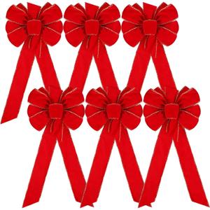 WILLBOND 6 Pieces Velvet Christmas Red Bows Gold Wired Edge Ribbon Christmas Wreath Ornament Bows for Xmas Tree Wreath Fence Stairs Railing Fireplace Home Indoor Outdoor Front Door Decorations