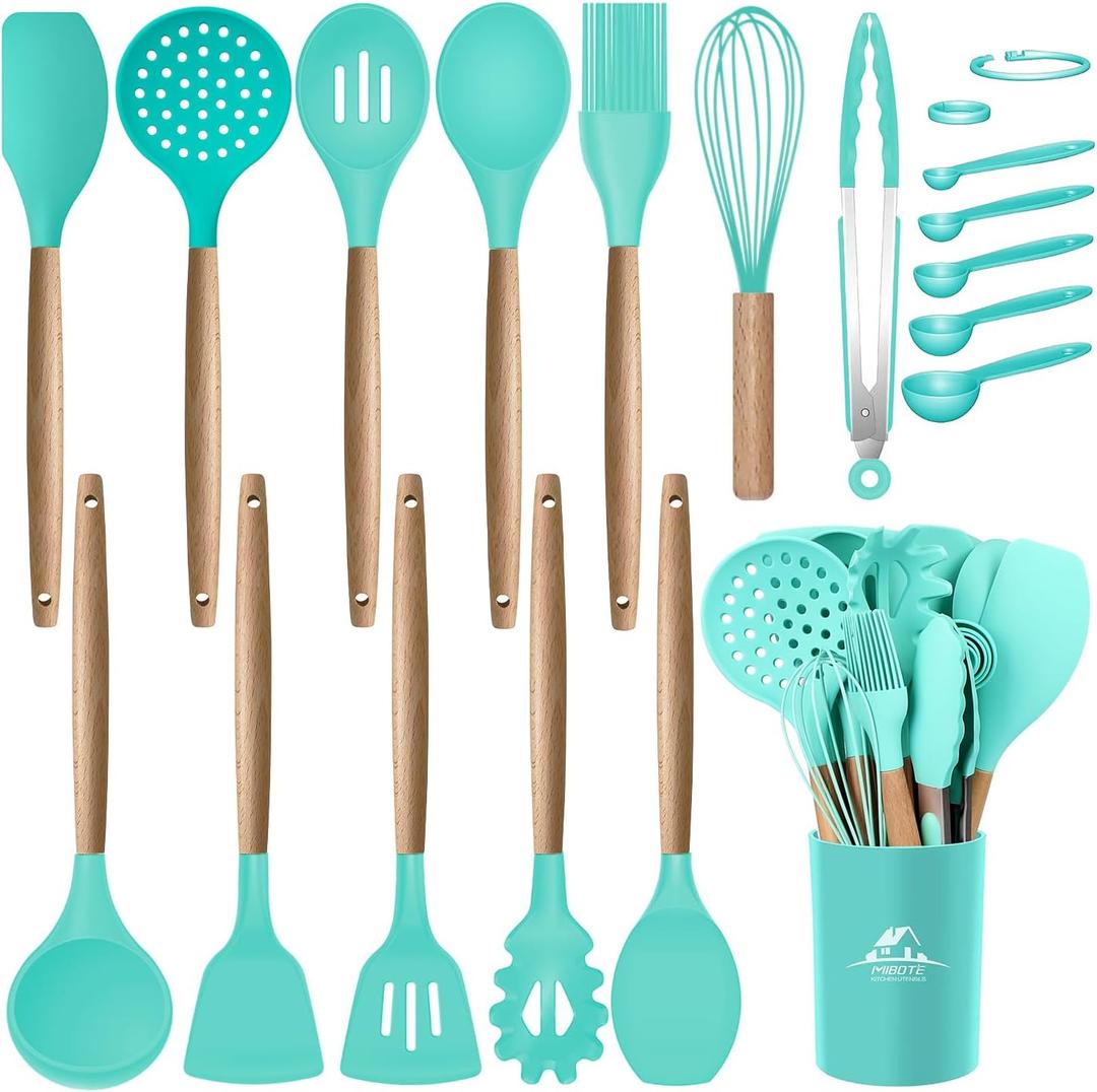 MIBOTE Silicone Cooking Kitchen Utensils Set with Holder, Wooden Handles Cooking Tool BPA Free Turner Tongs Spatula Spoon Kitchen Gadgets Set for Nonstick Cookware (Teal) 