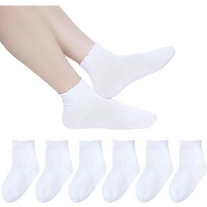 6 Pack Girls White Ruffle Dress Socks Cotton Ruffle Frilly Crew School Uniform Socks (White)