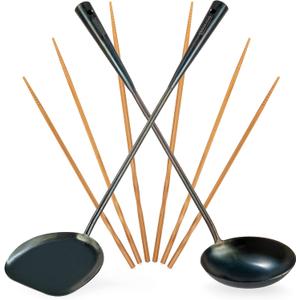 YOSUKATA Pre-Seasoned Wok Utensils Set - Blue Carbon Steel 17-inch Wok Spatula, Wok Ladle, 3 pairs Chopsticks - Durable Asian Cooking Tools