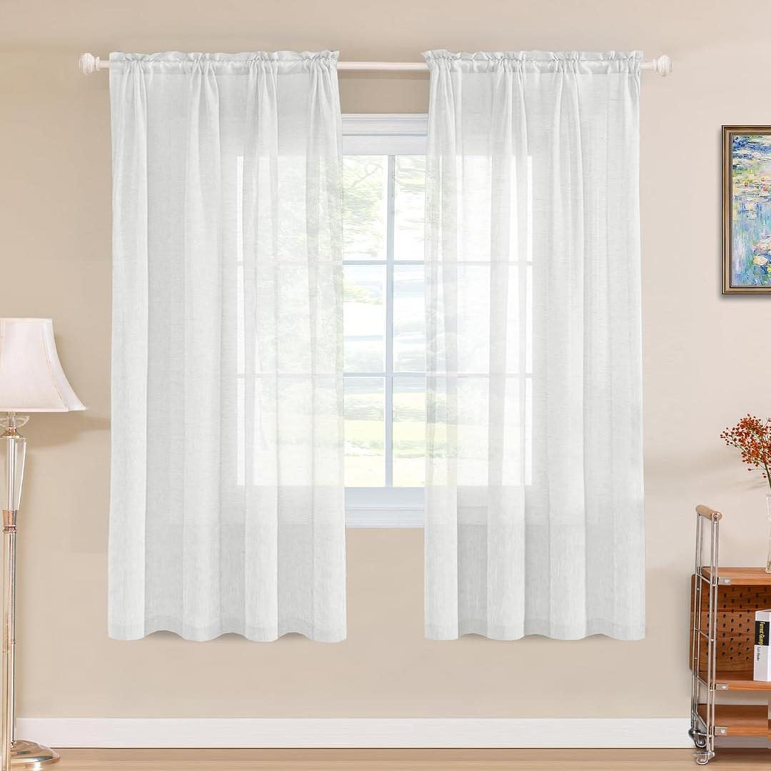 Turquoize Natural Linen Blended Curtain Panels Semi Sheer Curtains Light Filtering Linen Curtains Rod Pocket Linen Textured Drapes for Bedroom, Privacy Assured, 72 Inches Length (2 Panels, White)