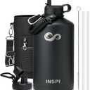 One Gallon Water Bottle Insulated,128 oz Large Food-Grade Stainless Steel Water Bottle (Cold for 48 Hrs), Leak Proof & Non-BPA, Large Water Flask Jug with Paracord Handle & Straw Spout Lids,Black