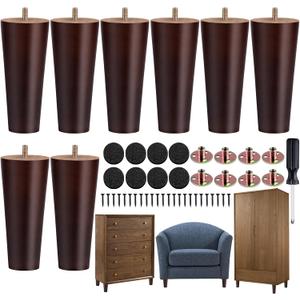 TURSTIN 8 Pieces Furniture Legs 6 Inches Round Solid Wood Furniture Feet with M8 T-Nuts Couch Legs Sofa Leg Replacement Leg for Armchair, Cabinet, Chair, Dresser or Home DIY Projects, Brown