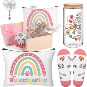 Skylety 5 Pcs Pink Christmas Vet Tech Gifts, Veterinarian Gifts for Women, Veterinarian Appreciation Gift, Vet Tech Accessories Supplies, Glass Cup Basket Set for Veterinary Practitioner Graduate