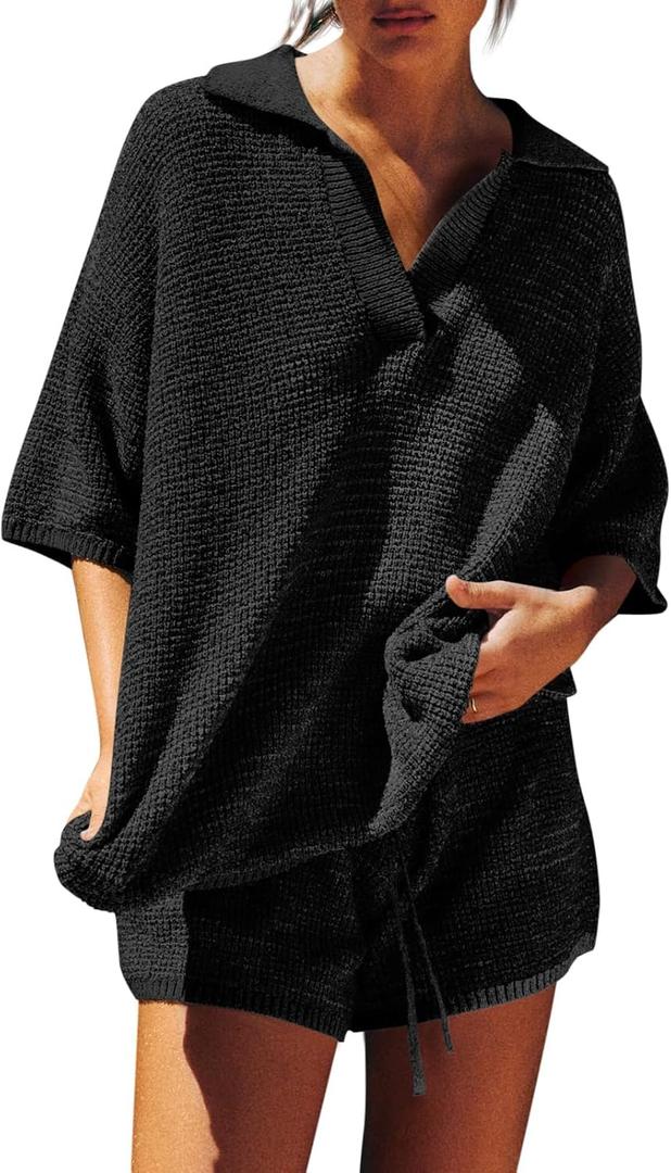 Tankaneo Womens Sweater Set 2 Piece Outfits Oversized 3/4 Sleeve V Neck Knit Tops High Waisted Shorts Lounge Sets (X-Small, Pure Black)