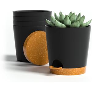 4 inch Small Plant Pots for Outdoor Indoor Plants, 5 Pack Planters with Drainage Holes and Tray, Small Self Watering Pots for Succulent,Cactus, Aloe and Other Plants (Black)