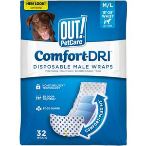 Out! PetCare Disposable Male Dog Wraps, Puppy Pee Wraps, Belly Bands for Dogs, Leak Proof, Wetness Indicator, Puppy and Doggie Diaper for Peeing, Medium/Large, 32 Count