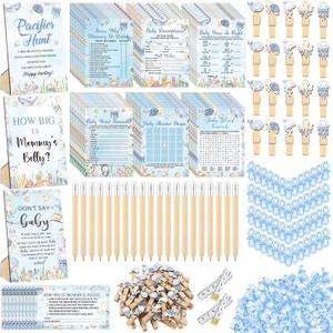 Sherr 476 Pcs Under The Sea Baby Shower Games 6 Sets Activities Cards Pacifier Hunt 50 Pacifiers How Big is Mommy's Belly Sign 50 Guessing Card 2 Measuring Tape Don't Say Sign 50 Clothespin for Adult