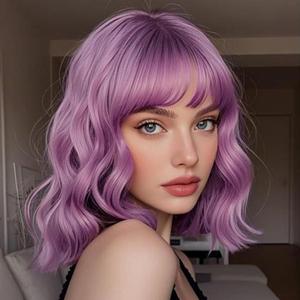 BATISI Lavender Pink Short Bob Wig with Bangs, 14 Inch Loose Wavy Shoulder Length Synthetic Heat Resistant Wigs for Women Daily Party Costume Cosplay