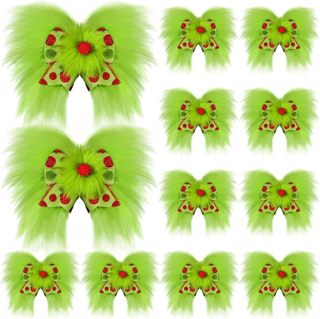 12 Pcs Red Green Christmas Bows Christmas Tree Decoration Lime Green Wreaths Velvet Bow Tree Topper with Fluffy Ornaments for Xmas Party (Cute)