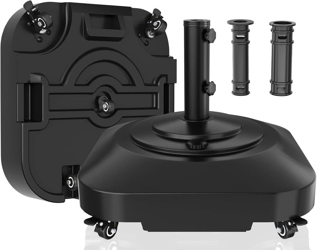 Umbrella Base, Heavy Duty Patio Umbrella Stand with 5 Wheels, Max 100lb Fillable Mobile Outdoor Base, Pole Holder 2 Knobs, UV Resistant and Windproof Design for Patio, Deck, Poolside, Lawn(19 in)