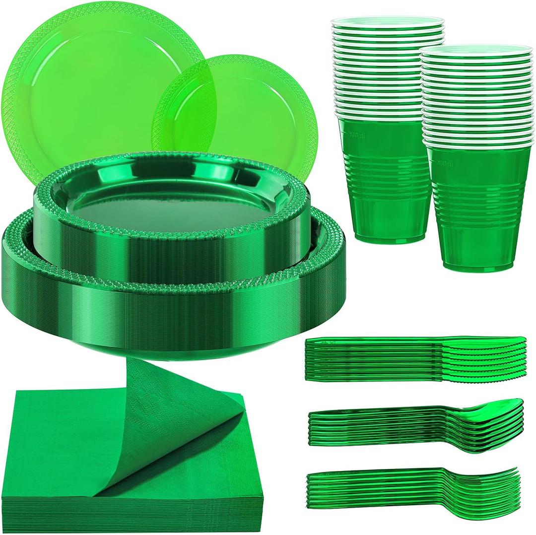 WELLIFE 210Pcs Green Plastic Plates, Clear and Green Plates Set, Party Supplies Including Plastic plates, 12OZ Cups, Disposable Cutlery and Paper Napkins Serve 30 Guests