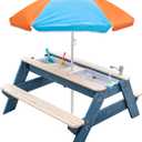 Kids 3-in-1 Sand & Water Table, Wood Outdoor Convertible Picnic Table w/Umbrella, 2 Trays, Removable Top with Faucet, Picnic Table for Outdoor Playset (Blue/Orange)