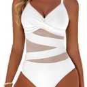 Women's Sexy Mesh Tummy Control Swimsuits V Neck Push Up One Piece Bathing Suits Slimming Swimwear, White Large 