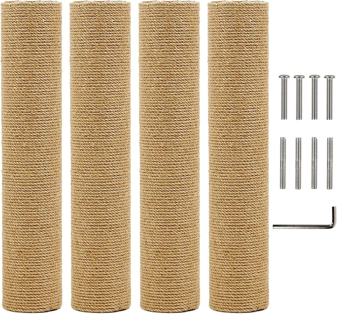 Fhiny 4PCS Cat Scratching Post Replacement 15.7" Natural Jute Spare Extension Scratch Post for Cats Tree DIY Craft Refill Pole Parts Hemp Rope Scratcher Climbing Perch for Indoor Kitten Brown