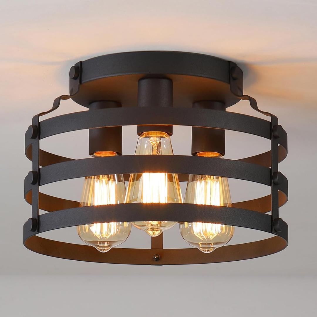 3-Light Farmhouse Semi Flush Mount Ceiling Light,Modern Black Light Fixture,Industrial Ceiling Lighting for Kitchen Dining Room Bedroom Living Room Foyer Entryway Hallway