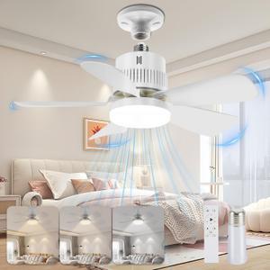 Screw-in Socket Light Fan with Remote, Ultra-Quiet High-Speed Fan, Adjustable 1000LM LED Lighting, Memory Save, Built for Closets, Kitchens, Attics, Kids Rooms & Compact Spaces (White-Gray)