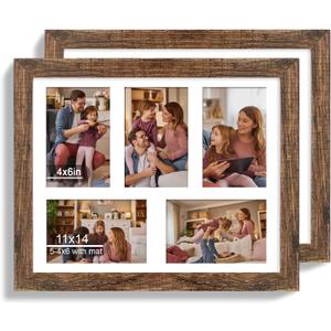 Hongkee 11x14 Picture Frame Set of 2, Rustic Brown Wood Frame with Real Glass Collage Picture Frames, Display Pictures Five 4x6 With Mat or 11 x 14 Without Mat, Photo Frames Wall Gallery
