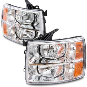 Headlights Assembly for 2007 2008 2009 2010 2011 2012 2013 Chevy Silverado 1500/2007-2014 Silverado 2500HD 3500HD Replacement HeadLamp, Chrome Housing Amber Reflector