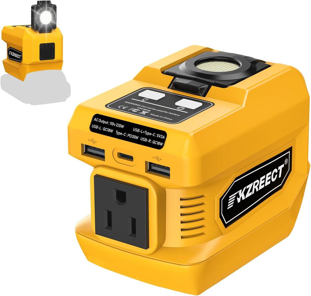 220W Power Inverter Compatible with Dewalt 18V/20V Battery Inverter DC 18V to AC 110V Portable Power Station Generator with 2 USB-A & 1 Type-C & 1 AC Outlet, 400 Lumen (Battery Not Included) (Yellow)