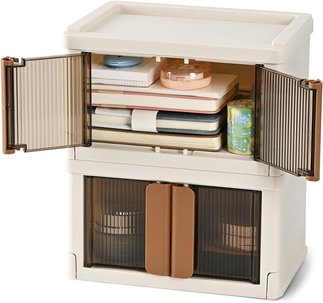 TRZZ Mini Plastic Storage Crate, Desk Organizer with Lid, Foldable Cute Boxes with Door, Stackable Home Organization and Storage Crate for Office, Kitchen, Bedroom, Bathroom, 2 Pack (8.6"x6.1"x5.1")
