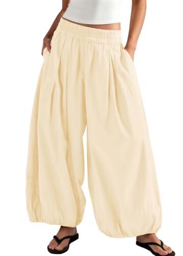 ReachMe Womens High Waist Barrel Pants Wide Leg Lantern Pants with Pockets Casual Baggy Trousers Beach Vacation Outfits(Apricot Yellow,L)