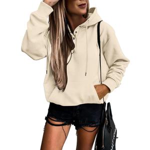 SHEWIN Women's Casual Hoodies Long Sleeve Solid Lightweight Pullover Tops Loose Sweatshirt with Pocket (Beige, XL)
