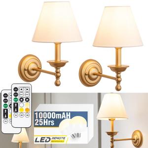 TREELAND Antique Brass Wall Sconce 10000 mAh Battery Operated Wall Light Set of Two, 25-60 Hours Battery Life Remote Control Dimmable Rechargeable LED Bulb, 16 Color Temps LED for Bedroom Living Room