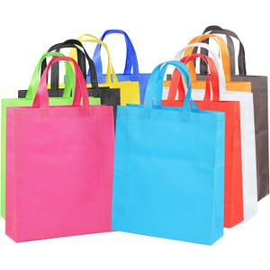 Supersize 12 Pack Reusable Non Woven Gift Bags with Handles Party Fabric Tote Bags Treat Bags for Birthday Favors, Snacks 12 Colors (9.8 x 13.8 x 4 inches)