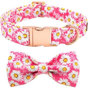 Tunkoo Pink Daisy Dog Collar with Cute Flower Bow Tie, Adjustable Premium Cotton Collar Durable Metal Buckle for Small Medium Large Boys Girls Dogs, S