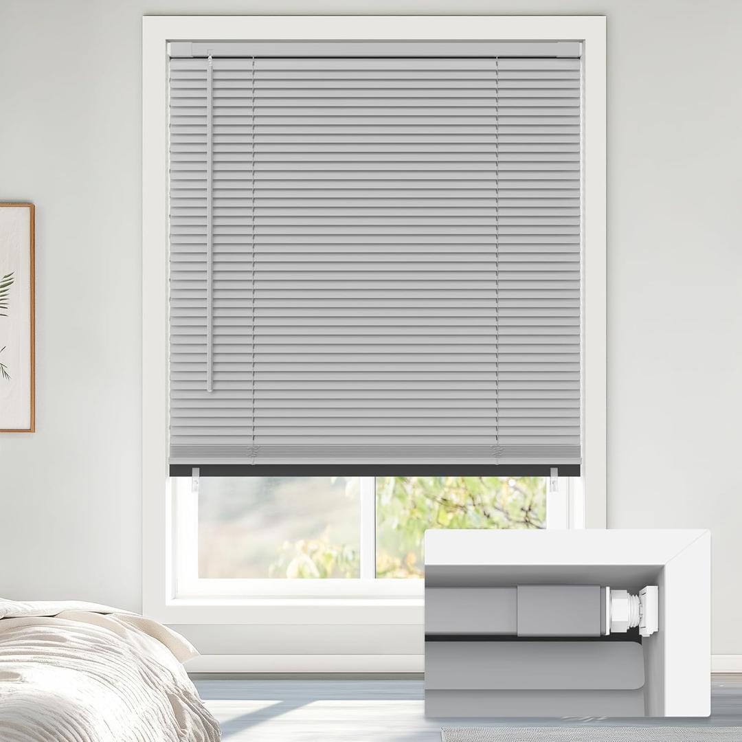 LazBlinds No Tools No Drill Cordless 1" Vinyl Mini Blinds, 100% Blackout Blinds for Indoor Windows, Room Darkening Privacy Window Blinds and Shades for Interior, 30" W x 64" H, Grey