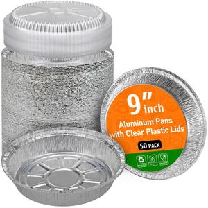 50 Pack 9" Round Aluminum Pans with Clear Lids, Pie Tins Disposable Foil Pans with Lids, Take Out Containers, Freezer Oven Safe Aluminum Baking Pans for Storing, Baking, Meal Prep & Reheating