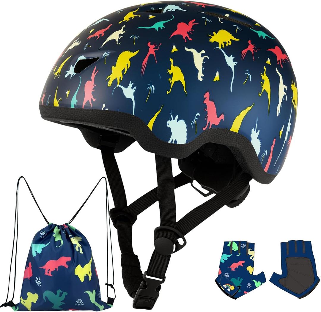 Toddler Bike Helmet with Gloves and Backpack Set, 3 Sizes for Baby Infant to Kids Ages 1-3 3-5 5-8+, Adjustable Boys Girls Bike Helmet for Bicycle/Scooter/Skateboard/Roller Skate (X-Small: 40-45 cm /15.7-17.7", Color Dino)