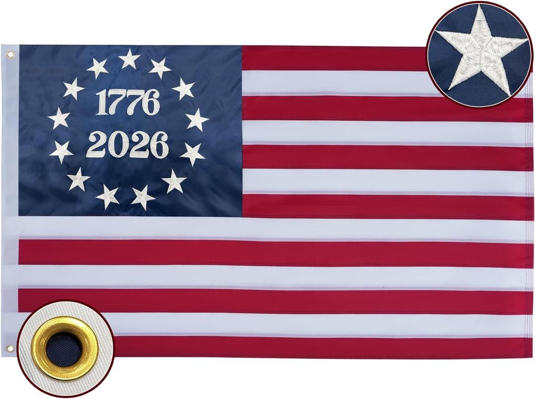 Bradford 1776 2026 Bennington 250 Anniversary Betsy Ross Flag 3x5 ft Outdoor Embroidered 13 Colonies Flags USA 250th American Flag with 2 Brass Grommets
