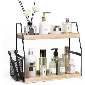 Bathroom Counter Organizer, 2-Tier Standing Storage Shelf with Basket, Wood Tray for Skincare Vanity Organizer(Black)
