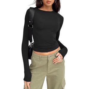 Trendy Queen Womens Long Sleeve Shirts Basic Tees Crop Tops Going Out Spring 2025 Workout Outfits Y2k Clothes (Medium, Black)