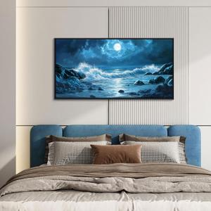 CHATYOUNG Navy Blue Beach Wall Art, Wild Ocean Waves Landscape Framed Paintings Large Coastal Room Decor 24x48 In for Living Room Bedroom Office Kitchen Study Home Gifts Wall Decor (48L" x 24W")