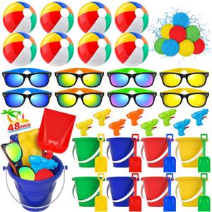 Pool Party Favors Beach Party Favors - 48 PCS Pool Toys For Kids Ages 3-8 Beach Balls Bulk, Sand Bucket and Shovels Set, Kids Sunglasses Bulk, Beach Summer Toys, Pool Party Supplies,Sand Toys